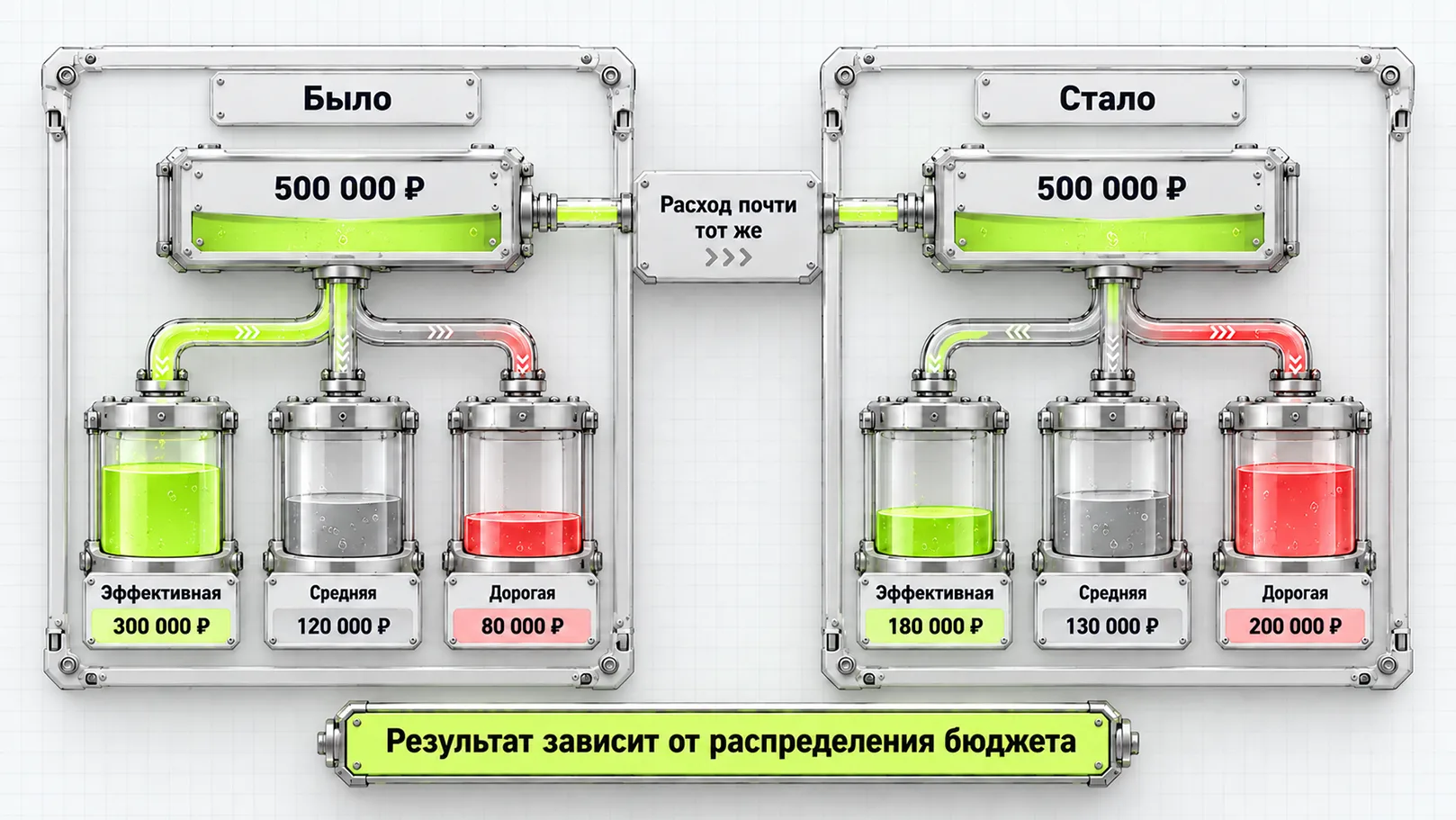 Одинаковый бюджет 500 000 рублей при разном распределении расходов между кампаниями