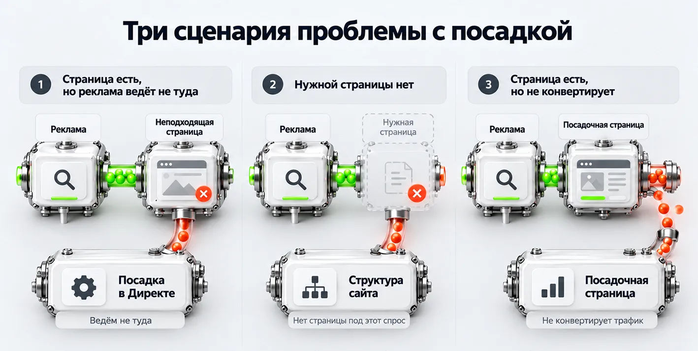 Три сценария проблемы с посадкой: неверная страница из Директа, отсутствие нужной страницы и низкая конверсия существующей посадочной